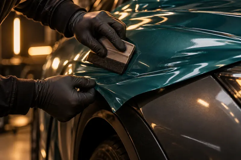 Gloved hands applying teal film to a car panel with a squeegee