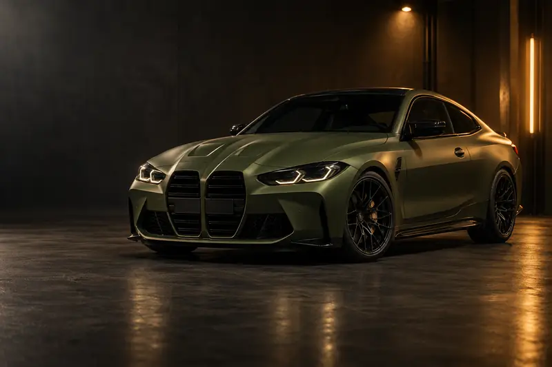 BMW M4 Competition in a matte olive green full-body wrap