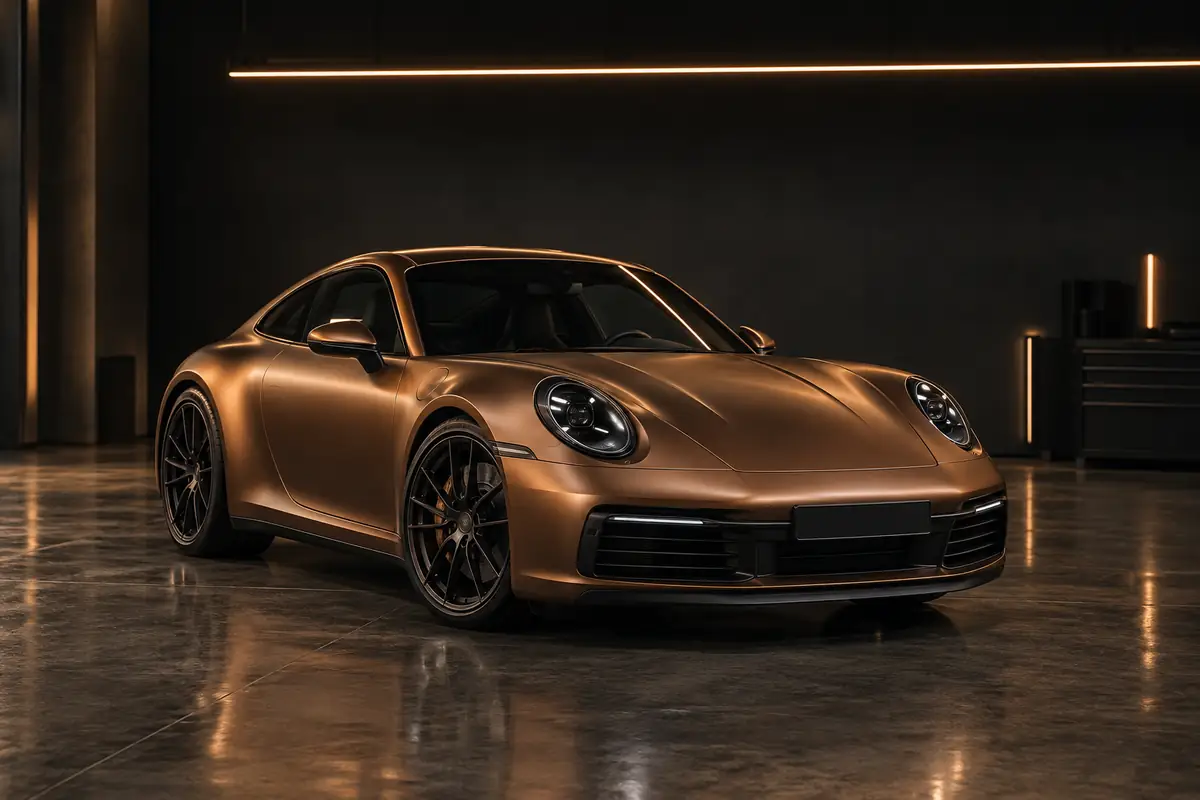 Porsche 911 (992) in a satin copper-bronze full-body wrap in a dark studio