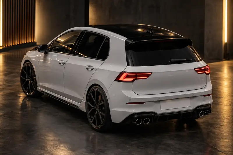Volkswagen Golf R in white with a gloss black wrapped roof, bonnet and mirror caps